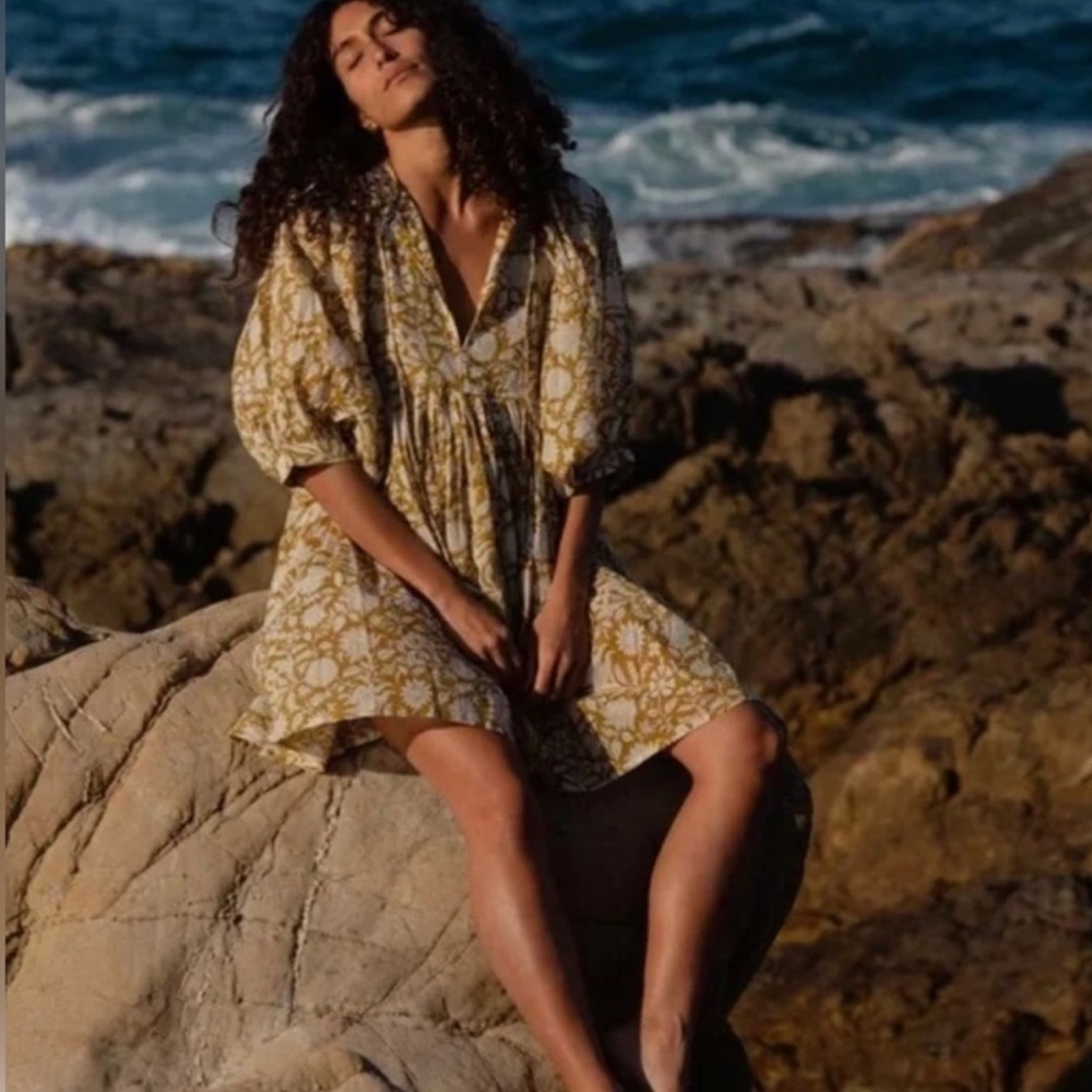 Daughters Of India Mini Dress Womens XS Kyra Golden Palm Floral Boho Flowy